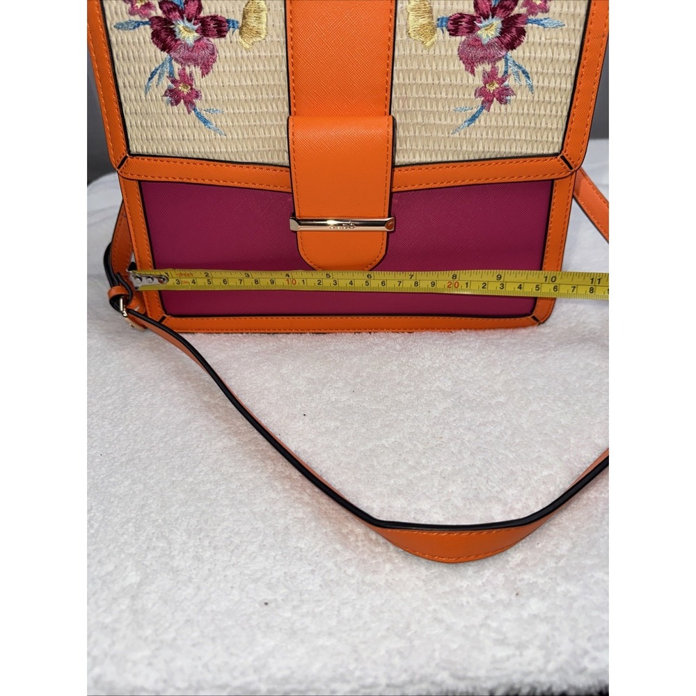 Aldo Satchel Handbag Hot Pink Orange Tan Raffia With Floral Embroidery EUC Cute! - Picture 7 of 9